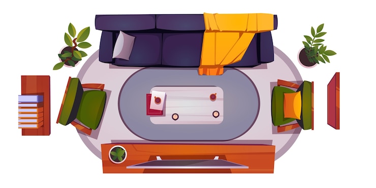 Zdarma Vektor top view of living room interior with sofa, chair and tv screen. vector cartoon set of furniture for lounge room with couch,