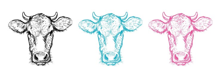 Zdarma Vektor vector hand drawn illustration cow head in black blue and pink color