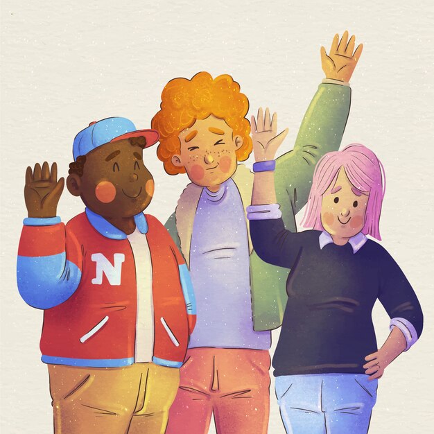 Watercolor people waving illustration