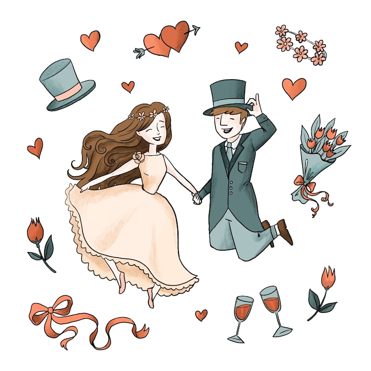 Zdarma Vektor watercolour wedding couple with roses and wine