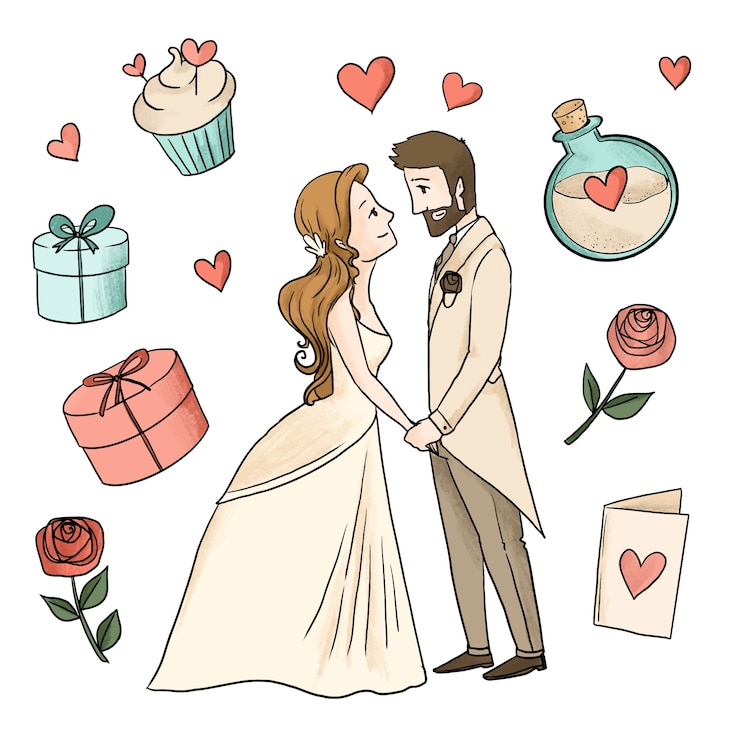 Zdarma Vektor watercolour wedding couples with wrapped gifts