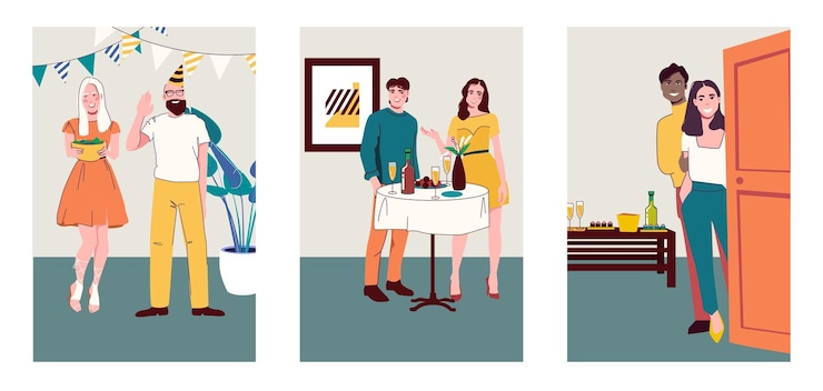 Zdarma Vektor welcome guests flat set with people having fun at home party isolated vector illustration