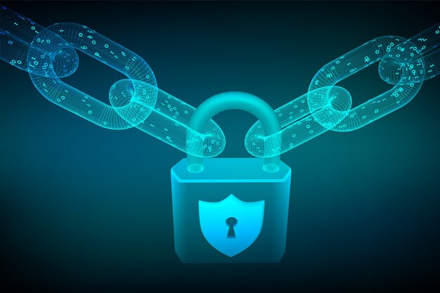 wireframe chain with digital code and lock. blockchain, cyber security, safe, privacy concept.