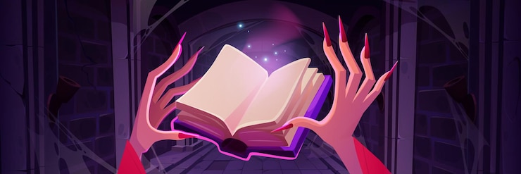 Zdarma Vektor witch hands with spell book in abandoned dungeon
