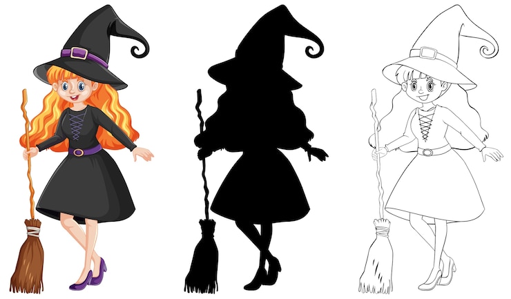 Zdarma Vektor witch with broomstick in color and outline and silhouette cartoon character isolated on white background