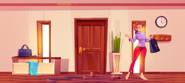 Zdarma Vektor woman in messy house hallway interior near door