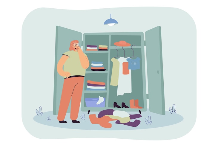 Zdarma Vektor zamyšlená žena si vybírá oblečení ve skříni, plochá ilustrace.