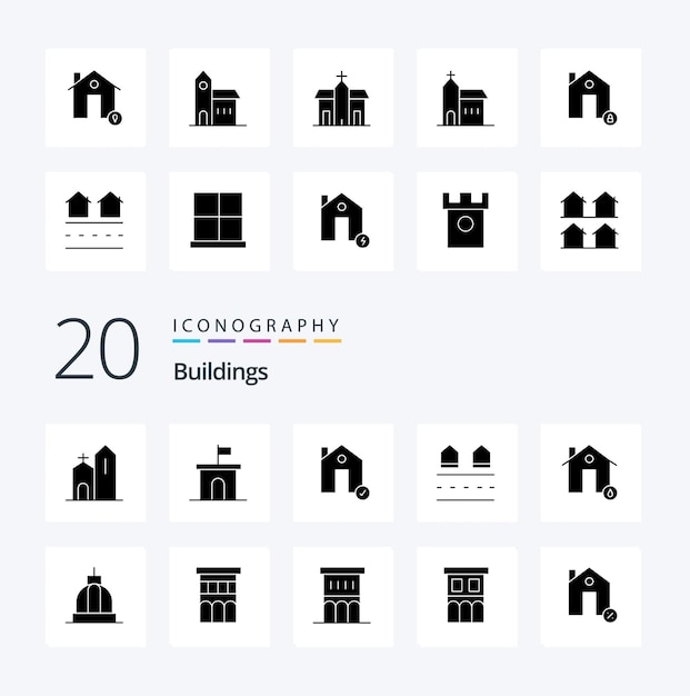 20 Edifícios Solid Glyph icon Pack como edifícios completos bandeira de propriedade histórica