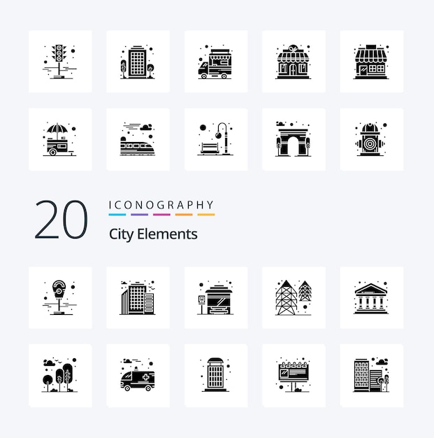 20 elementos da cidade solid glyph icon pack como a construção da torre do banco do terminal de ônibus da cidade