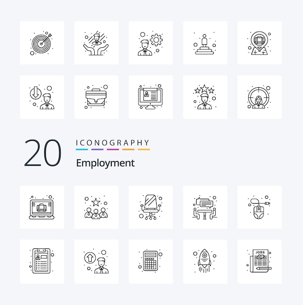 20 employment line icon pack como hardware cadeira de computador entrevista de trabalho em equipe