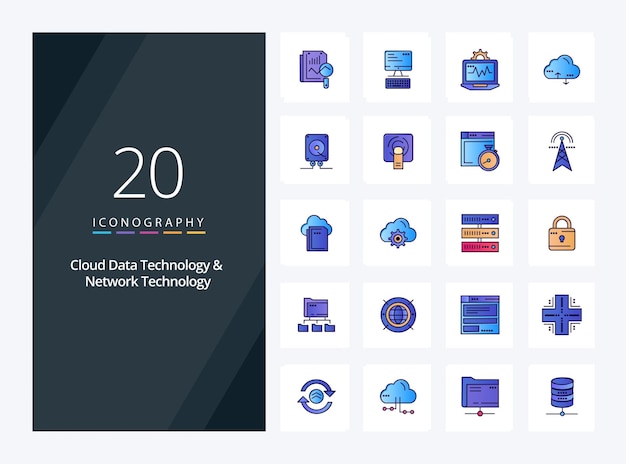 Vetor grátis 20 linha de tecnologia de dados em nuvem e tecnologia de rede ícone preenchido para apresentação ilustração de ícones vetoriais