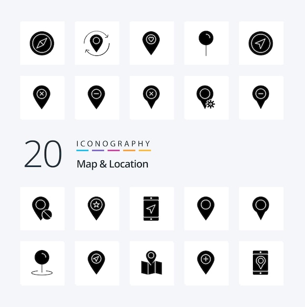 20 Mapa de localização Solid Glyph icon Pack como mapa de localização de marcadores de mapa de pinos