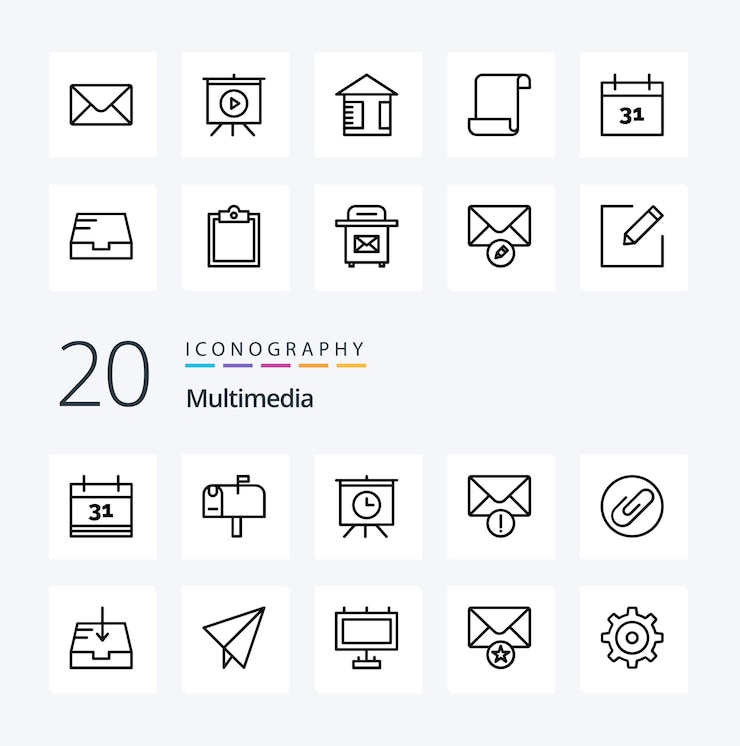 Vetor grátis 20 multimedia line icon pack como buffer data da caixa de entrada do documento de correio