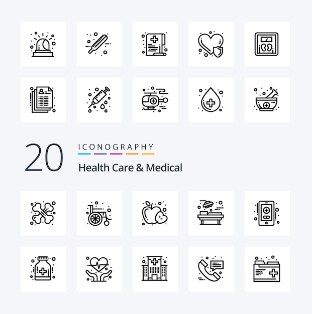 20 Pacote de ícones de cuidados de saúde e linha médica como cuidados de saúde on-line cirurgia alimentar médica