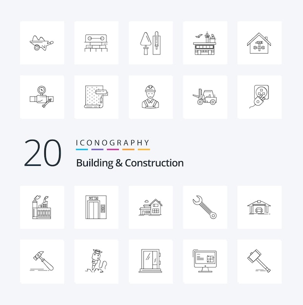 20 Pacote de ícones de linha de construção e construção como chave de construção de casa de construção de garagem