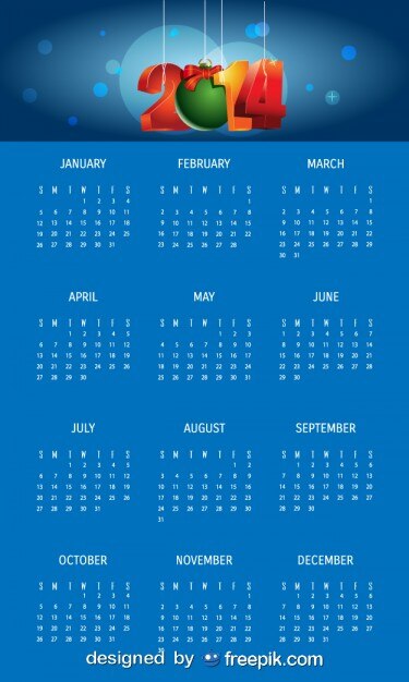 Vetor grátis 2014 calendário azul com esfera do natal