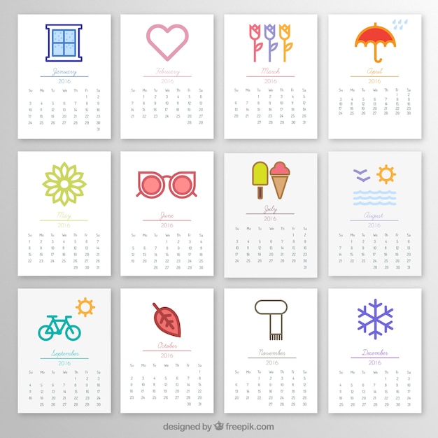2016 calendário mensal com ícones