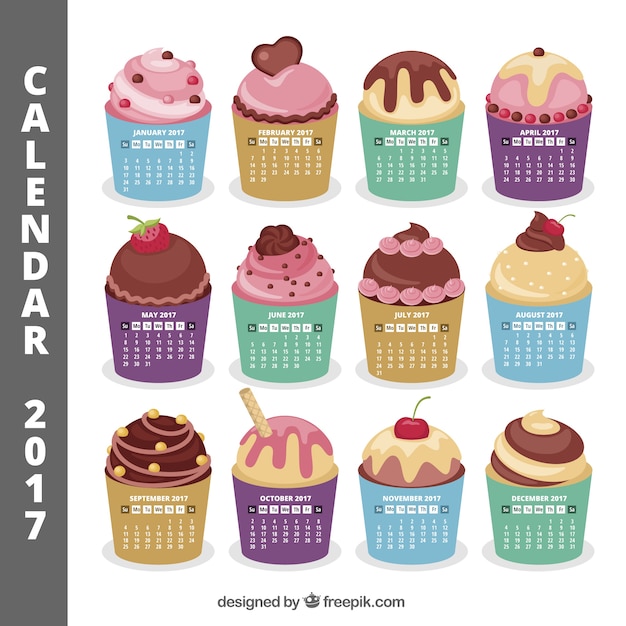 Vetor grátis 2017 calendário com deliciosos muffins