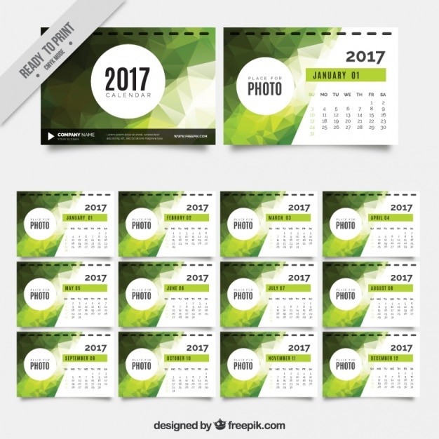 2017 calendário com formas geométricas verdes