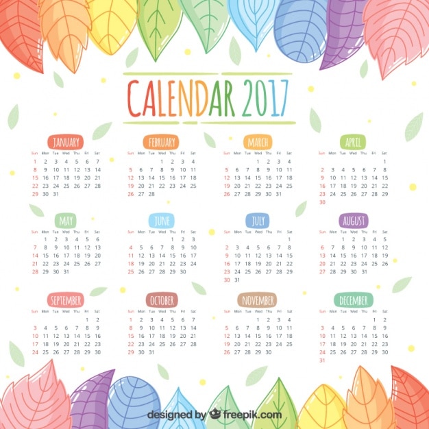 Vetor grátis 2017 calendário de folhas coloridas desenhadas à mão bonitas