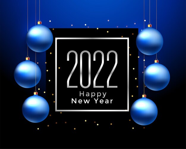 2022 cartão de feliz ano novo azul com bolas de natal penduradas