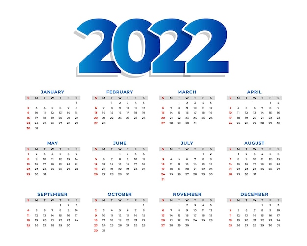 Vetor grátis 2022 design de modelo de calendário simples de ano novo