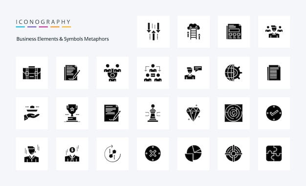 25 elementos de negócios e metáforas de símbolos pacote de ícones de glifos sólidos ilustração de ícones vetoriais