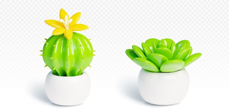 Vetor grátis 3d cactus de desenho animado e suculento em vaso de flores branco