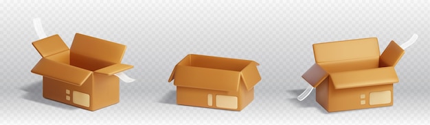 Vetor grátis 3d caixa de pacote de papelão de entrega aberta ícone vetorial caixa isolada carga vazia para loja armazém ilustração conjunto recipiente de papel de produto de correio com fita para distribuição logística ou armazenamento