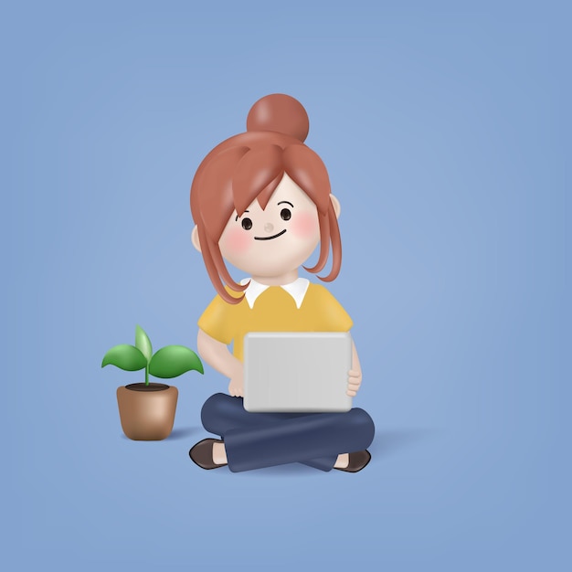 Vetor grátis 3d cartoon jovem sentada e usando um desenho vetorial de ilustração de personagem de laptop