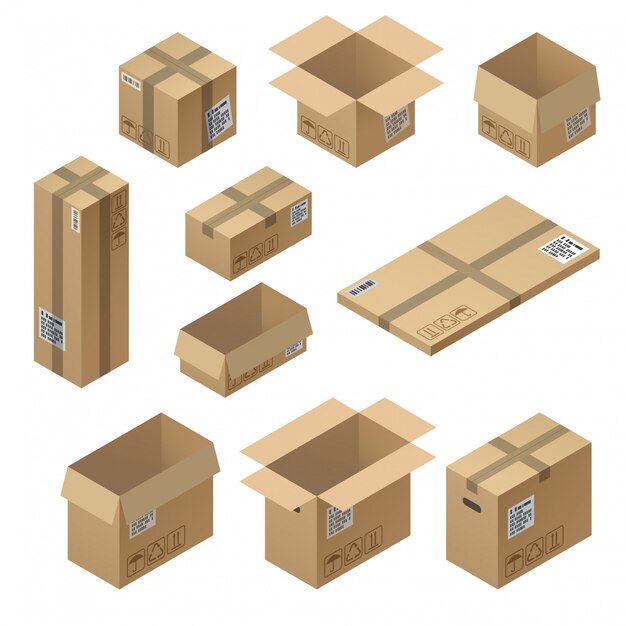 3d isométrico conjunto de embalagens de papelão, correio para entrega isolado no fundo branco