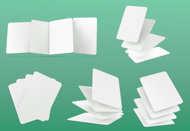 Vetor grátis 3d maquete de baralho de jogo de pôquer de cartão branco em branco vetor conjunto de clipart de quatro pacotes de cassino de negócios para aplicativo de jogo móvel on-line ou adivinhação diferentes combinações de esporte holdem coleção de simulação