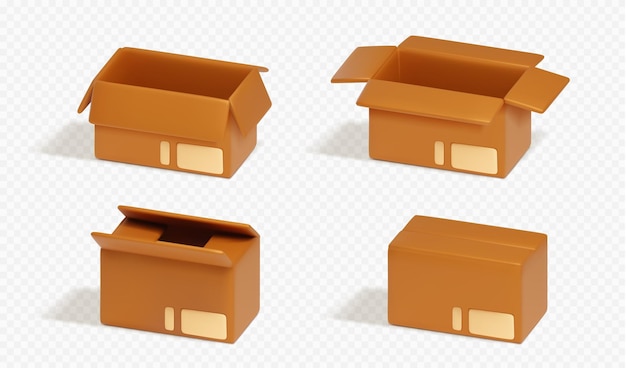 Vetor grátis 3d pacote de papelão vazio para ícone de vetor de entrega conjunto de pacote de caixa marrom aberto realista carga de transporte fechado para enviar contêiner de produto de entrega isométrica com ilustração de maquete de rótulo de exportação