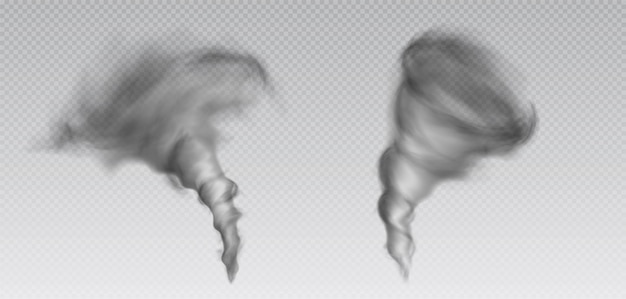 3d tornado e furacão vector isolado vórtice de tempestade efeito de nuvem tornado tornado realista ícone de funil de ar transparente vórtice de desastre espiral tempestade de vento conjunto de tufão diferente