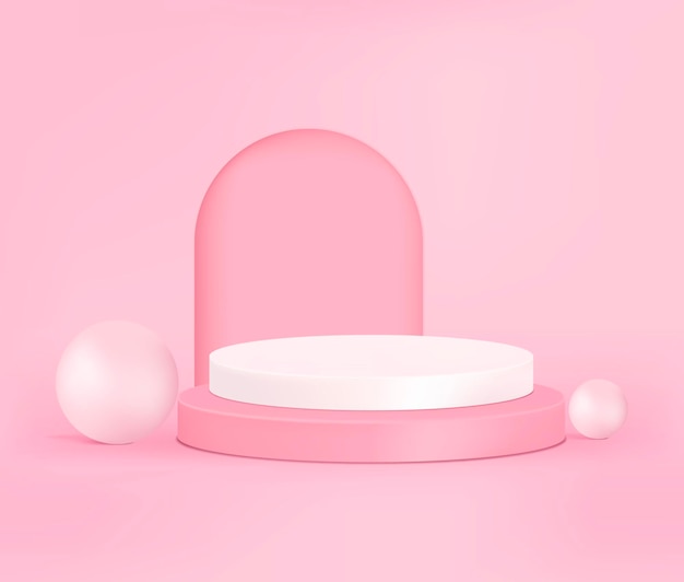 3d vector pódio de exibição do produto com pérolas no fundo rosa, pódio de renderização 3D.
