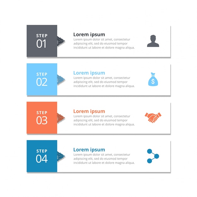 4 passos de infografia com céu cinza blye laranja e cores azuis