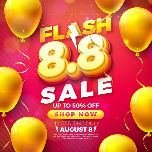 8 de agosto Design de venda em flash de dia de compras com número 3d 8.8 e balão de festa em fundo vermelho