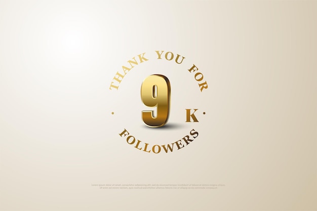 9k seguidores com números dourados sombreados