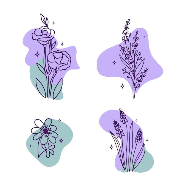 A colagem mágica e clipart de flores de arte de linha com borboleta e formas