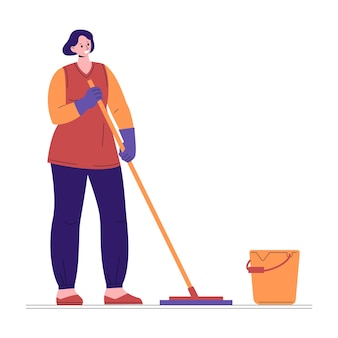 A dona de casa dona de casa fazendo a limpeza da casa lava o chão. ilustração vetorial em estilo simples.