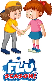 A fonte flu season no estilo cartoon com duas crianças não mantém distância social isolada no fundo branco