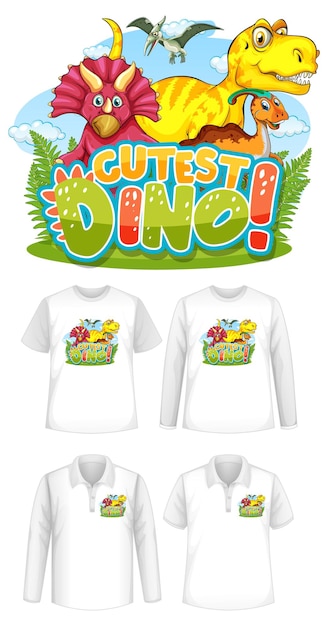 A fonte mais fofa do dino e o logotipo do personagem de desenho animado do dinossauro com diferentes tipos de camisas