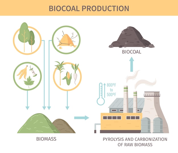 A ilustração de infográficos de produção de biocarvão demonstrou fontes de biomassa bruta para pirólise e processamento de carbonização ilustração vetorial plana