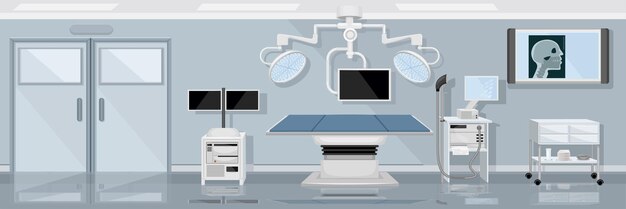 A ilustração horizontal da sala de cirurgia médica demonstrou equipamentos avançados modernos para ilustração vetorial plana de operação cirúrgica