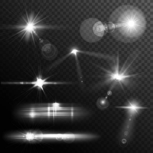 Vetor grátis a lente realística alarga-se luzes da estrela e incandesce elementos brancos no fundo transparente