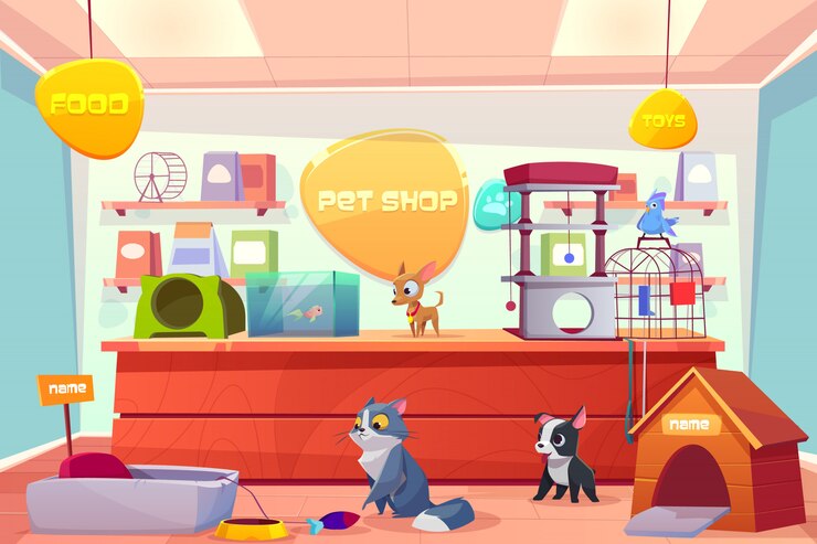 Vetor grátis a loja de animais de estimação com animais domésticos, armazena o interior com gato, cão, cachorrinho, pássaro, peixe no aquário.