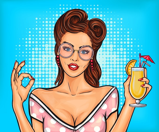 A menina do pop art sexy mostra sinal OK