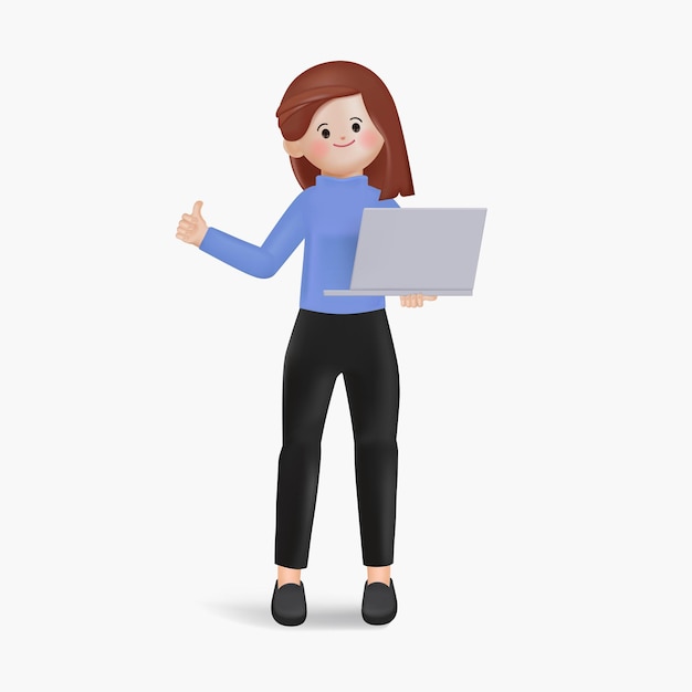 Vetor grátis a mulher aparece com o polegar para cima com o uso do computador 3d cartoon estilo minimalista 3d renderiza o vetor de desenho animado