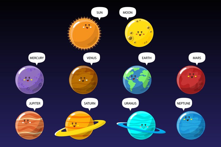 Vetor grátis a órbita do sistema solar tem o sol no centro do sistema o planeta no sistema solar é mercúrio vênus terra marte júpiter saturno urano netuno astronomia é o estudo do espaço