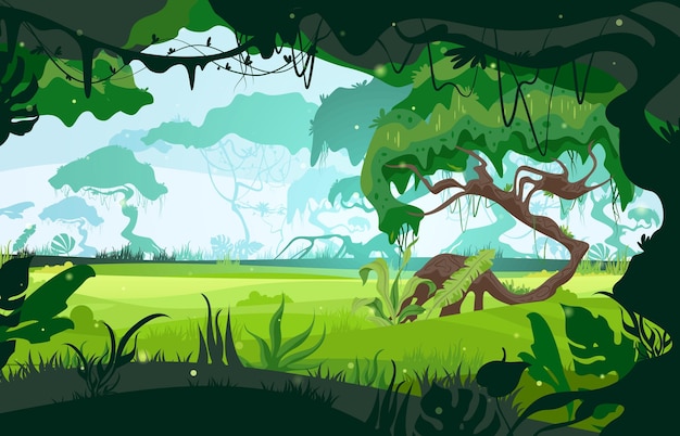 A paisagem da savana se abre através da ilustração plana da selva